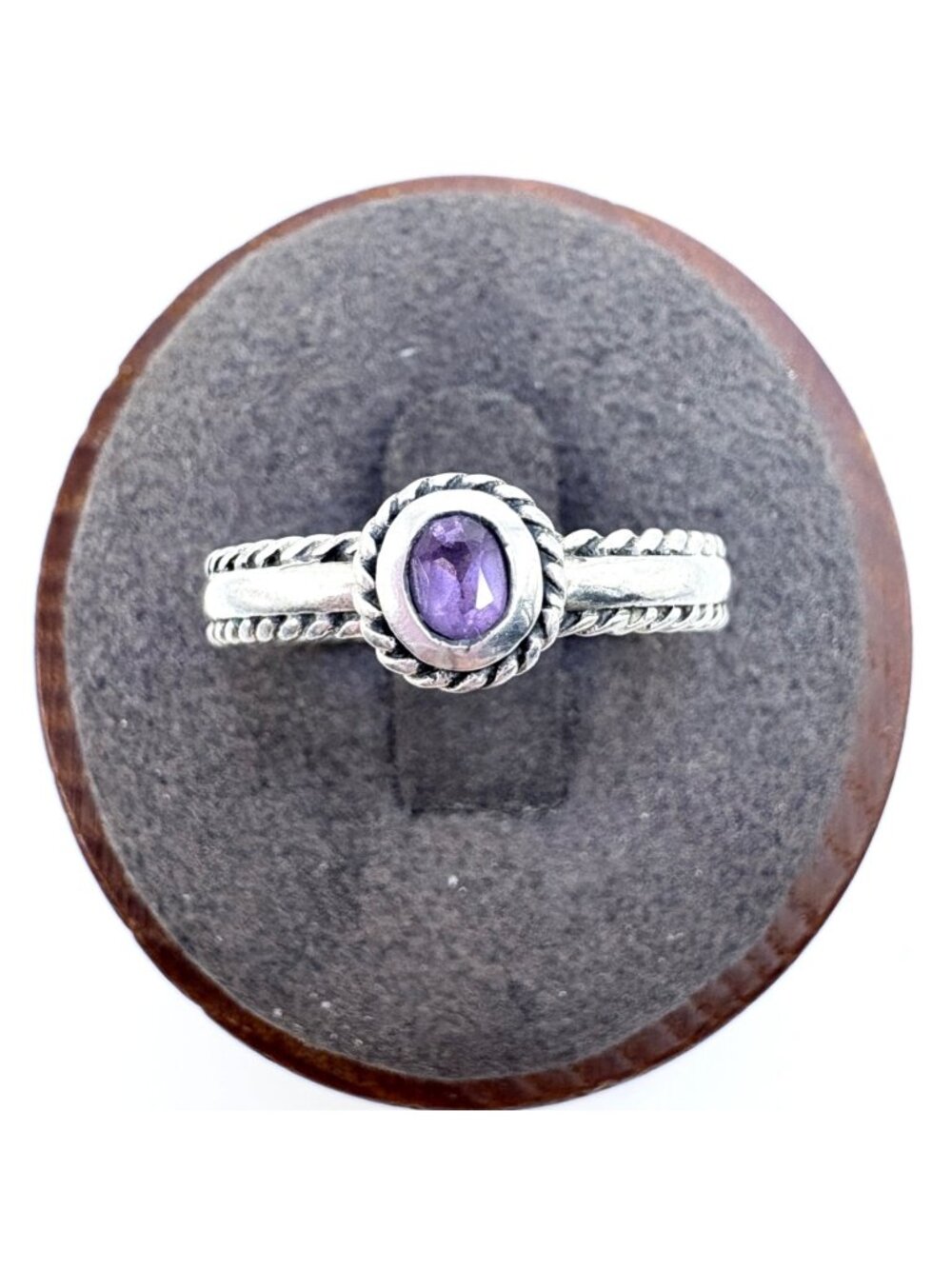 Amethyst Bezel Set Sterling Silver 925 Rope Border Ring Size 7.75